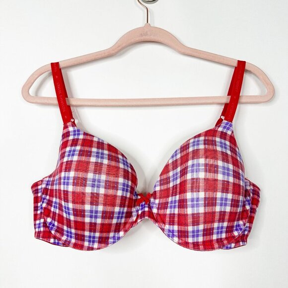 2/$30 Victoria's Secret Plaid Perfect Coverage Push-up Bra Red Multi 38D #9442 - Picture 1 of 7